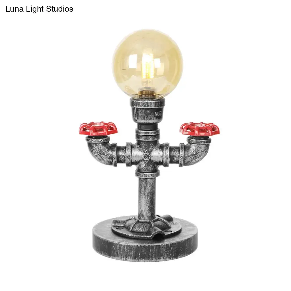 Industrial Antique Silver Bedroom Reading Lamp with Single Light Globe Shade and Clear/Amber Glass - Task Lighting